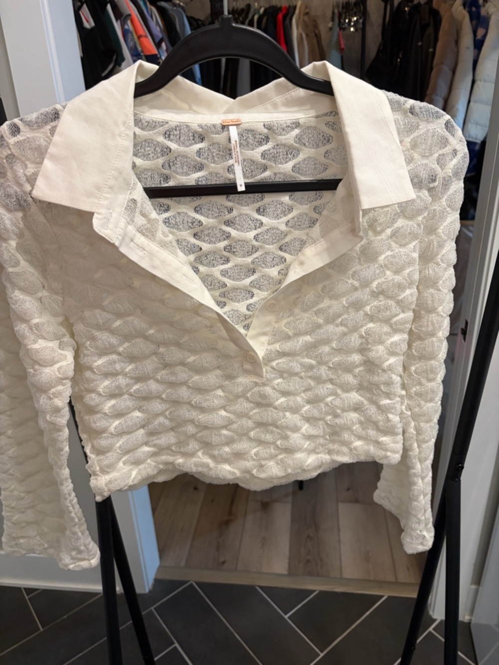 Free People Ivory Textured Knit Button-Down Top